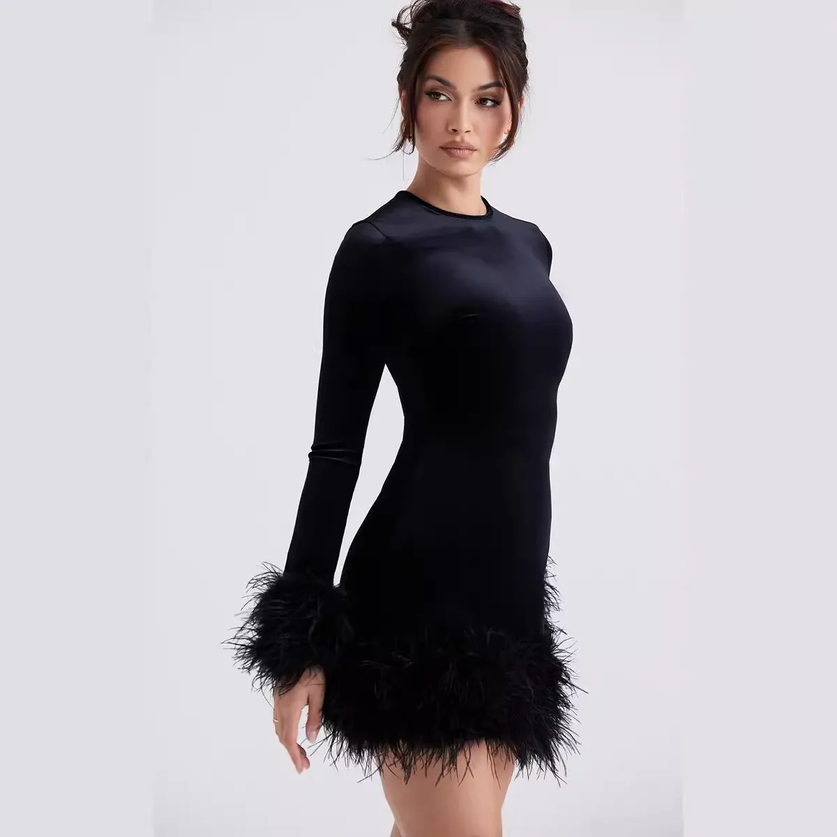 Winter Women Fashion Solid Color Round Neck Long Sleeve Feather Decoration Slim Fit Dress