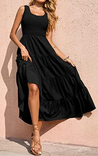 Solid Color Sleeveless Strap Pleated Maxi Dress