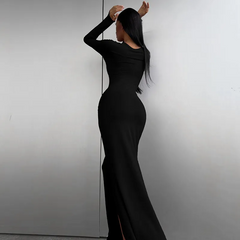 Women Fashion Solid Color Long Sleeve Split Maxi Dress