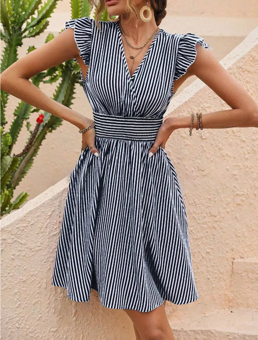 Women Fashion Stripe Print Ruffled Sleeve Dress