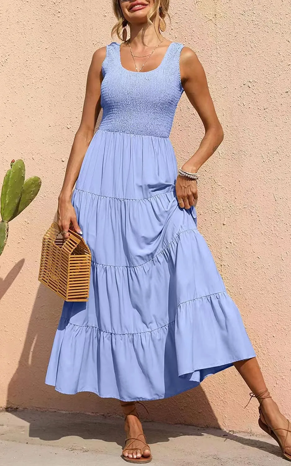 Solid Color Sleeveless Strap Pleated Maxi Dress