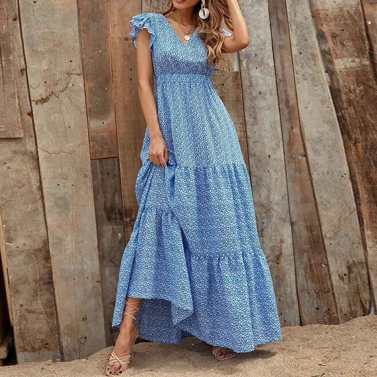 Women Fashion Bohemian Printed V-Neck Defined Waist Maxi Dress