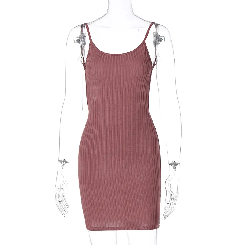 Women Fashion Sexy Solid Color Knitted Strap Backless Slim Dress