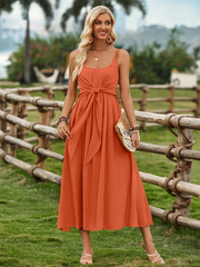 Women Fashion Solid Color Sling Strap Defined Waist Dress