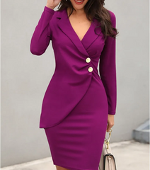 Women Fashion Elegant Solid Color V-Neck Long Sleeve Lapel Dress