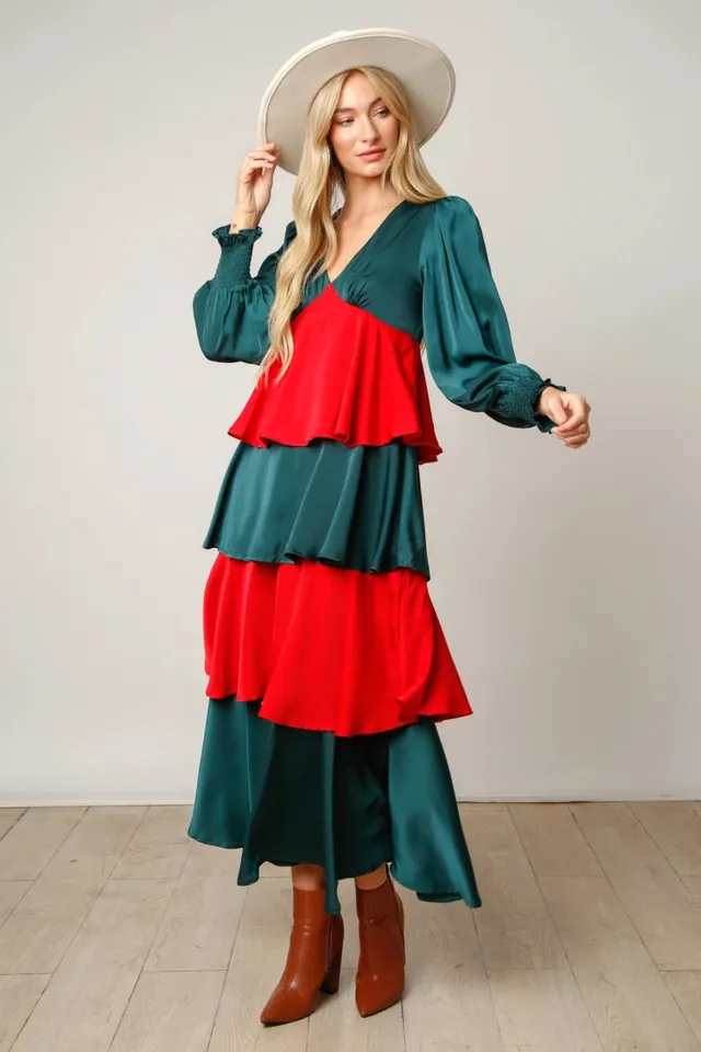 Women Fashion V-Neck Color Block Stitching Long Sleeve Dress