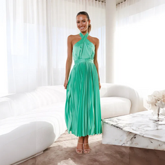 Women'S Elegant Solid Halter Pleated Maxi Dress