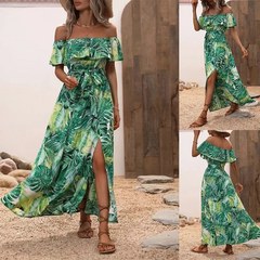 Women Fashion Casual Vacation Beach Boat Neck Ruffled Flower Print Maxi Dress