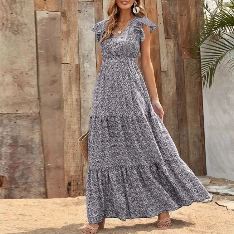 Women Fashion Bohemian Printed V-Neck Defined Waist Maxi Dress