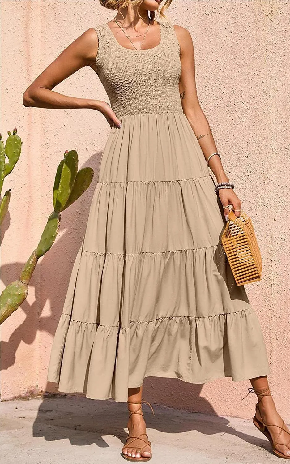 Solid Color Sleeveless Strap Pleated Maxi Dress