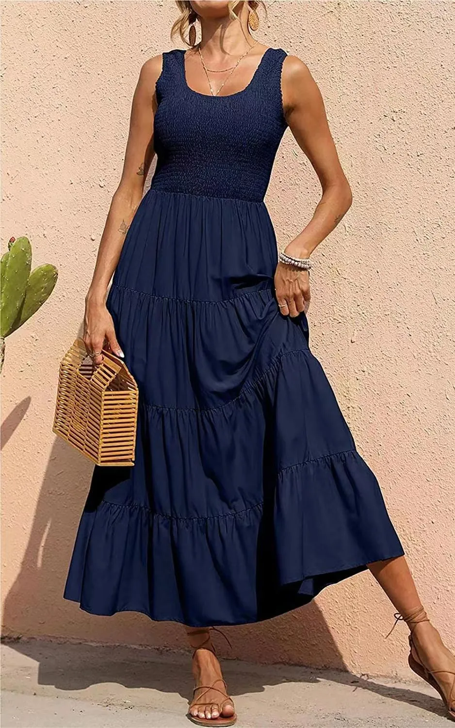 Solid Color Sleeveless Strap Pleated Maxi Dress