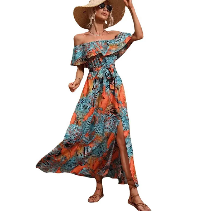 Women Fashion Casual Vacation Beach Boat Neck Ruffled Flower Print Maxi Dress