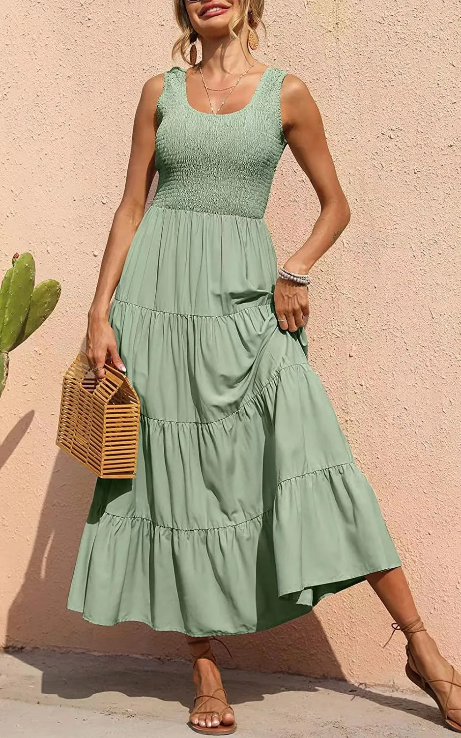 Solid Color Sleeveless Strap Pleated Maxi Dress