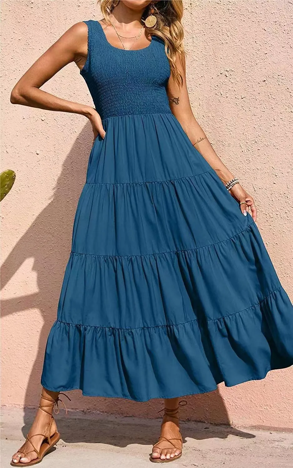 Solid Color Sleeveless Strap Pleated Maxi Dress