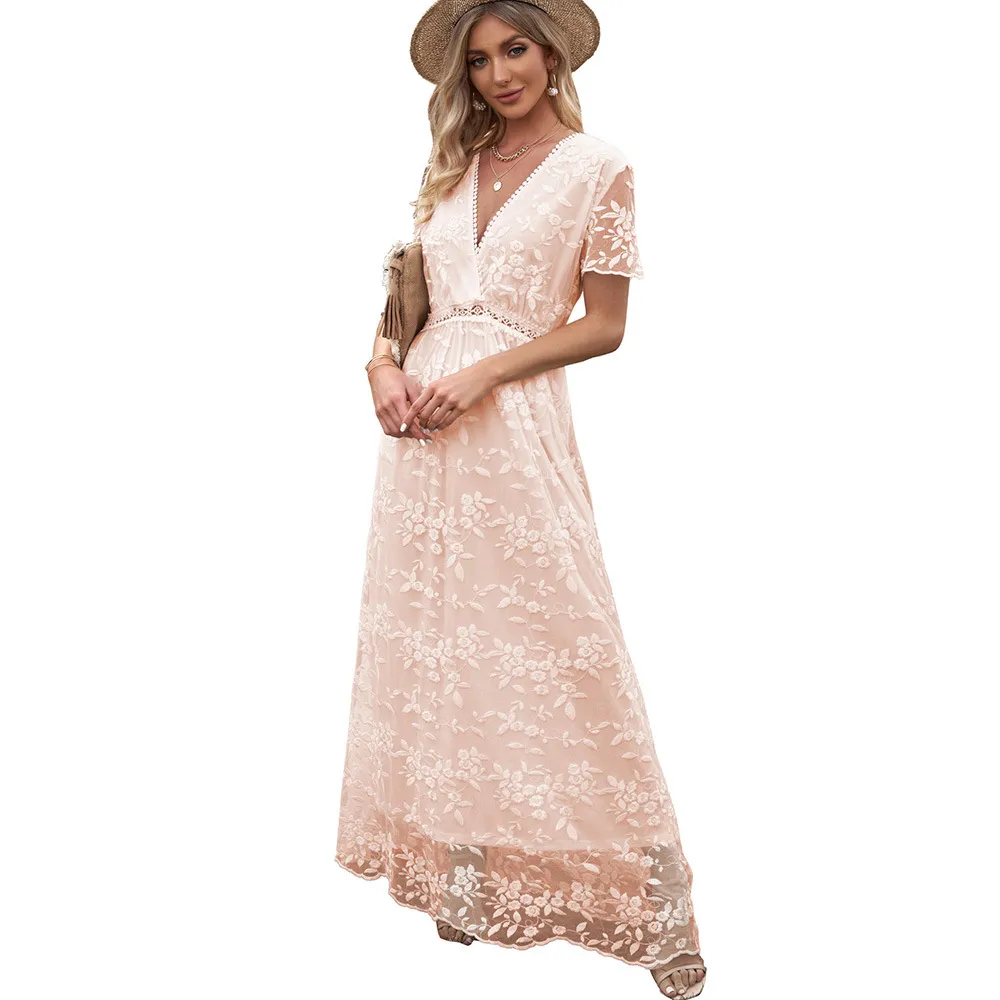 Women Fashion V-Neck Lace Hollow Crochet Solid Color Maxi Dress