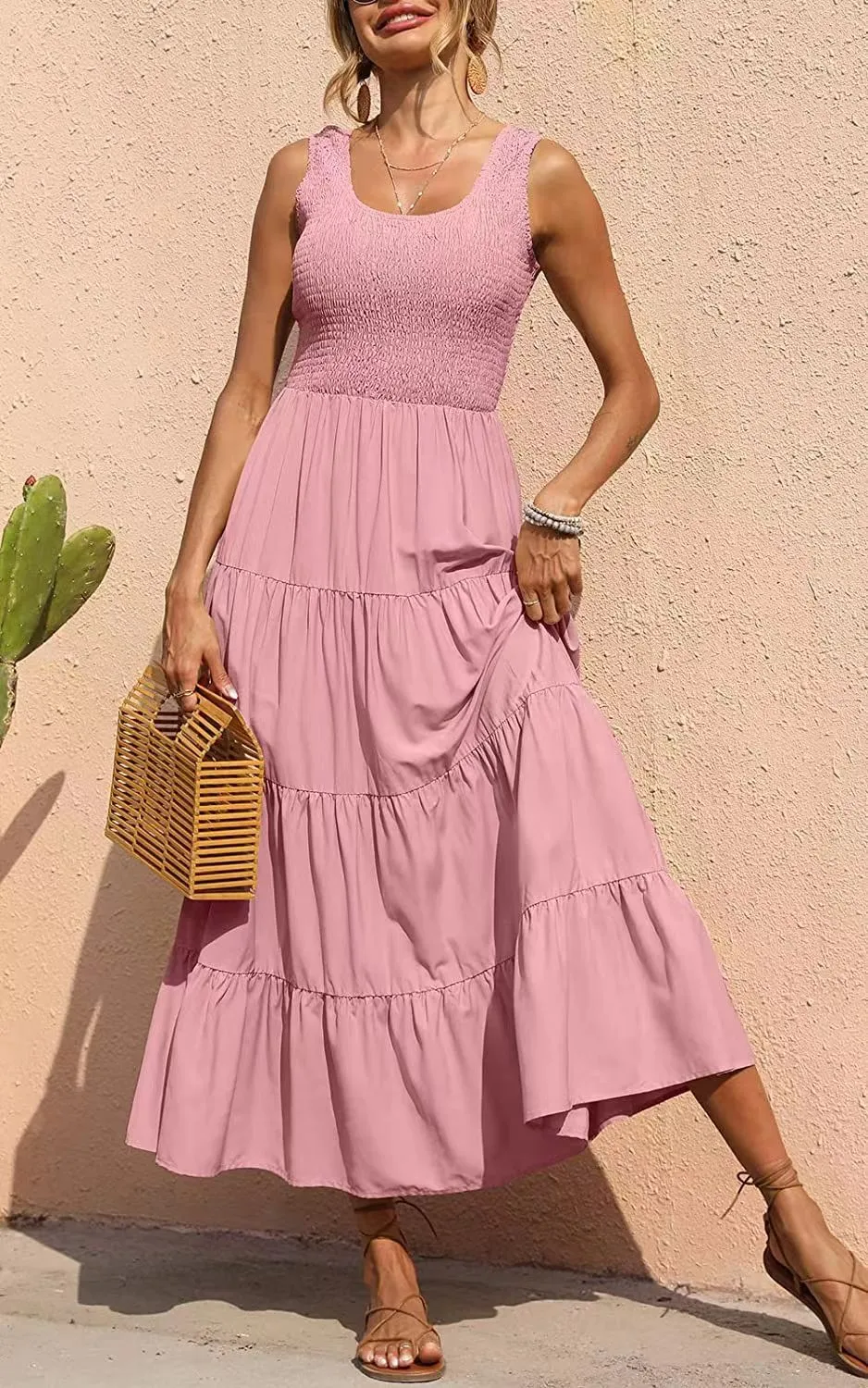 Solid Color Sleeveless Strap Pleated Maxi Dress