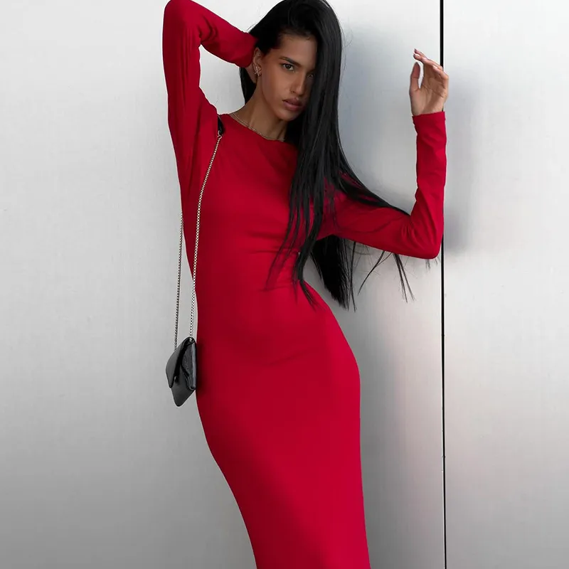 Women Fashion Solid Color Long Sleeve Split Maxi Dress