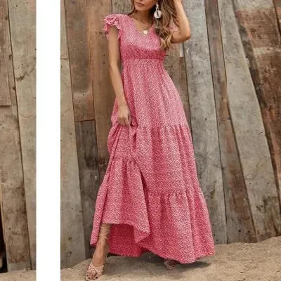 Women Fashion Bohemian Printed V-Neck Defined Waist Maxi Dress