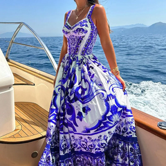 Women Fashion Casual Graphic Printing Sling Maxi Dress