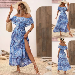 Women Fashion Casual Vacation Beach Boat Neck Ruffled Flower Print Maxi Dress