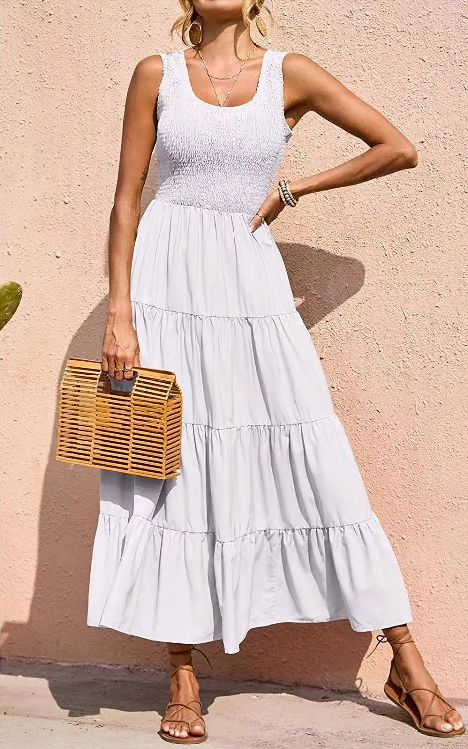 Solid Color Sleeveless Strap Pleated Maxi Dress