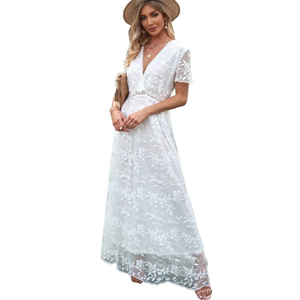 Women Fashion V-Neck Lace Hollow Crochet Solid Color Maxi Dress