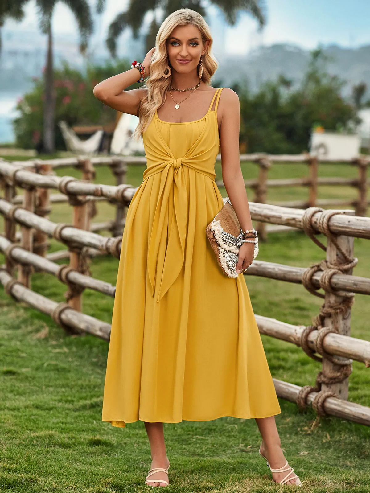 Women Fashion Solid Color Sling Strap Defined Waist Dress