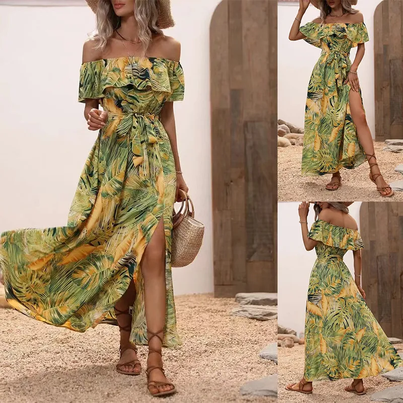 Women Fashion Casual Vacation Beach Boat Neck Ruffled Flower Print Maxi Dress