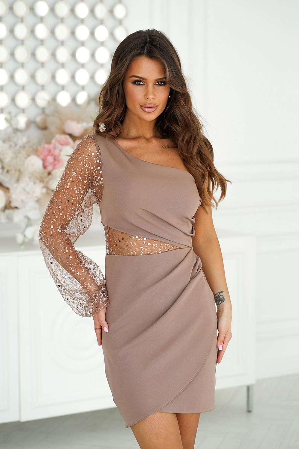 Women fashion evening Mini dress with a beautiful sequined sleeve on one shoulder