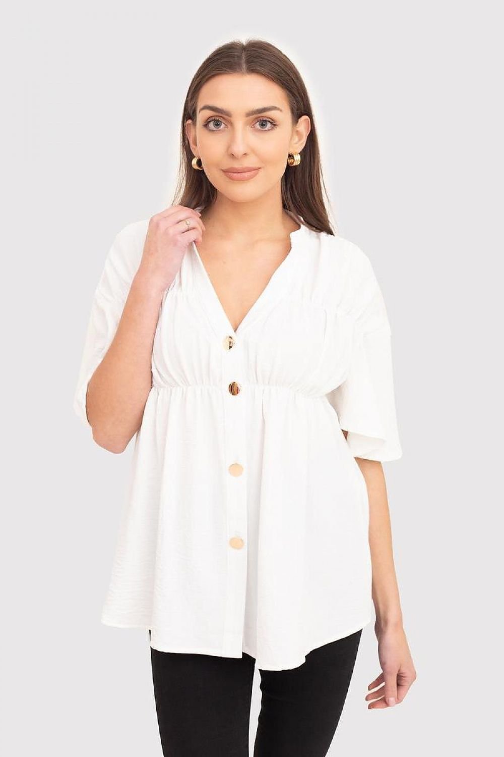 Women fashion  button-down shirt with a serape neckline