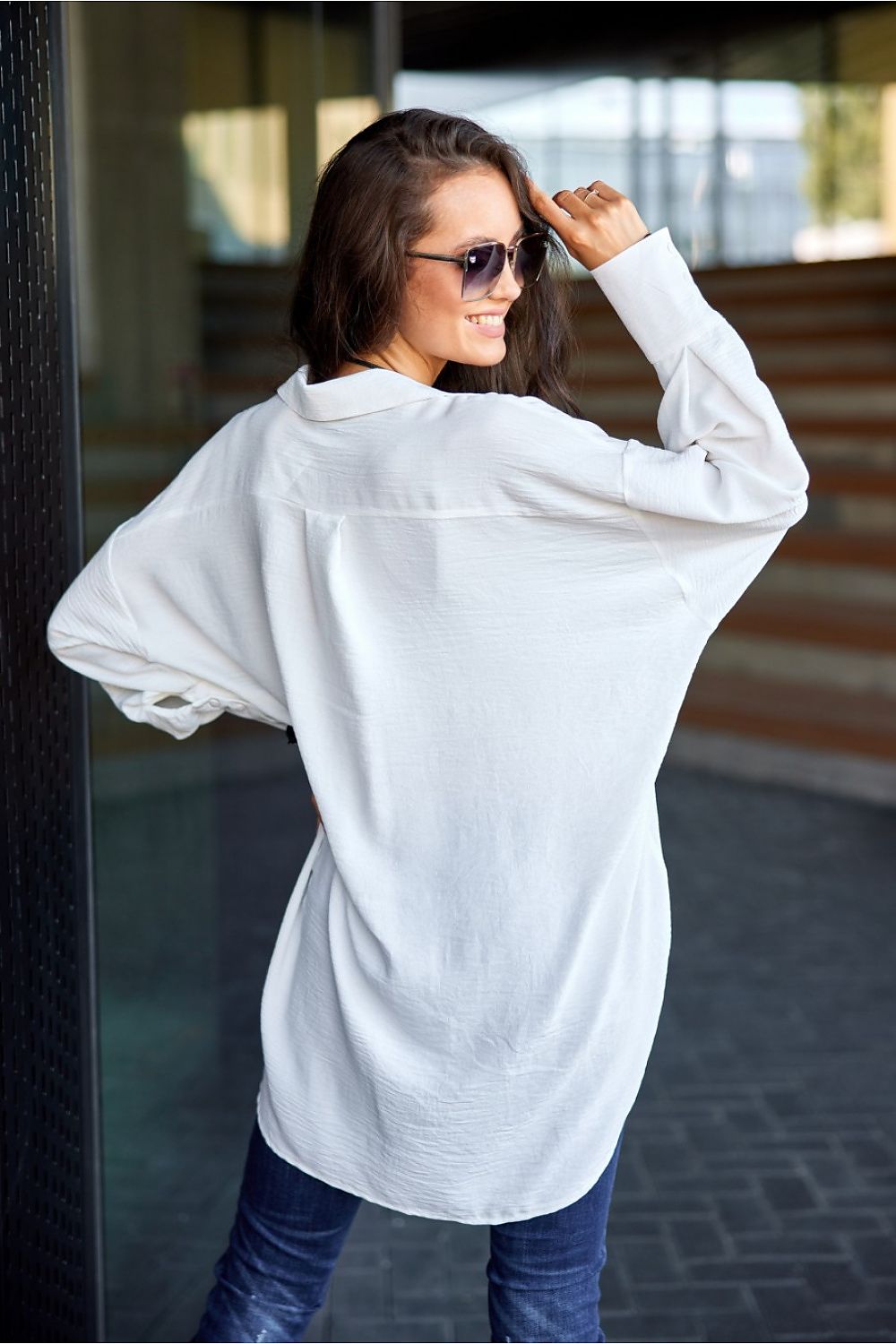 Discover comfort and elegance with our asymmetrical oversize cut women's shirt Long sleeve shirt