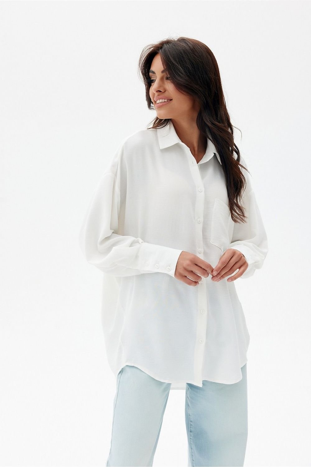 Discover comfort and elegance with our asymmetrical oversize cut women's shirt Long sleeve shirt