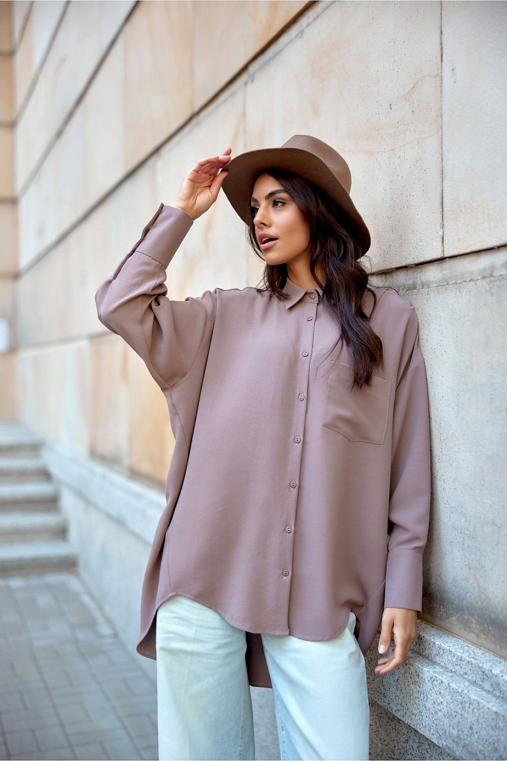 Discover comfort and elegance with our asymmetrical oversize cut women's shirt Long sleeve shirt