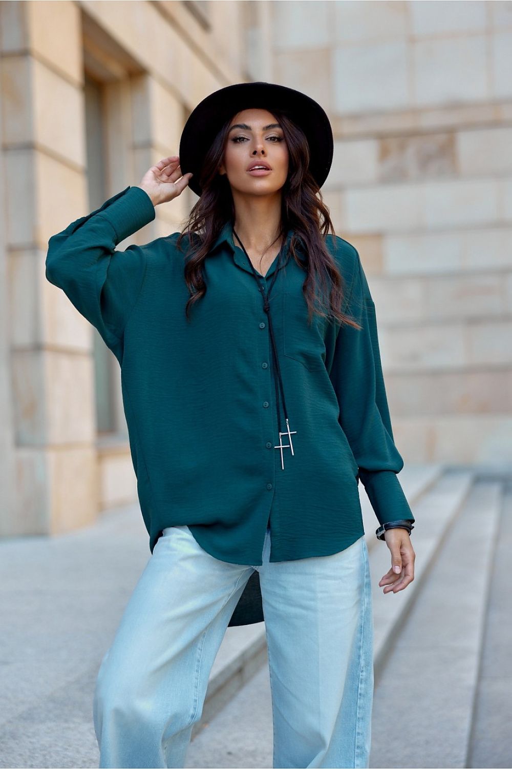 Discover comfort and elegance with our asymmetrical oversize cut women's shirt Long sleeve shirt