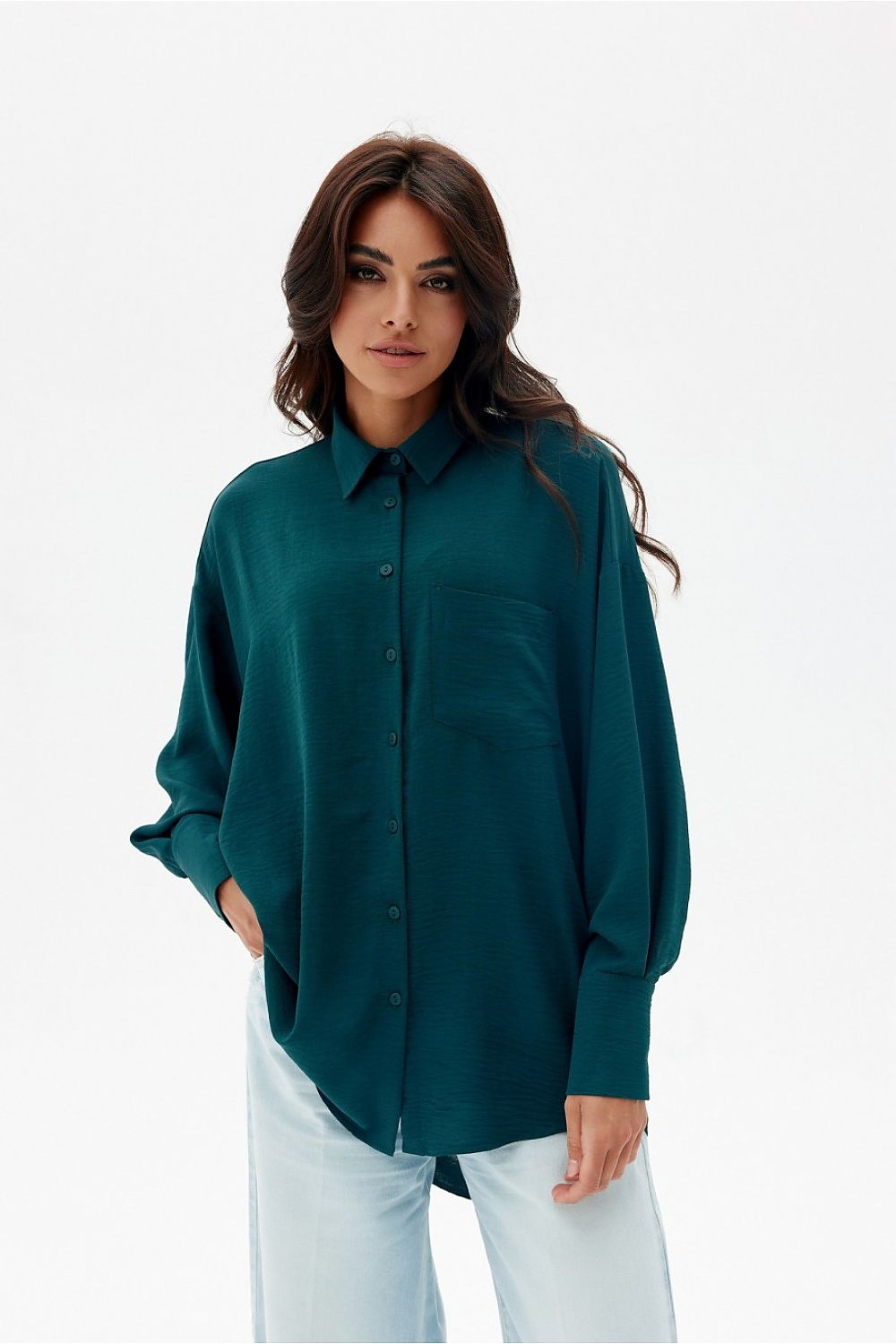 Discover comfort and elegance with our asymmetrical oversize cut women's shirt Long sleeve shirt