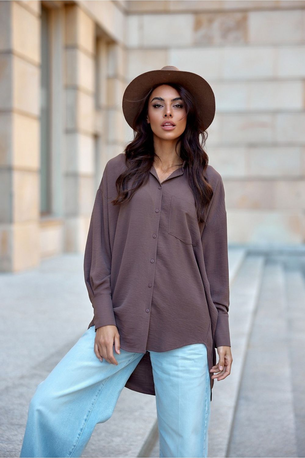 Discover comfort and elegance with our asymmetrical oversize cut women's shirt Long sleeve shirt