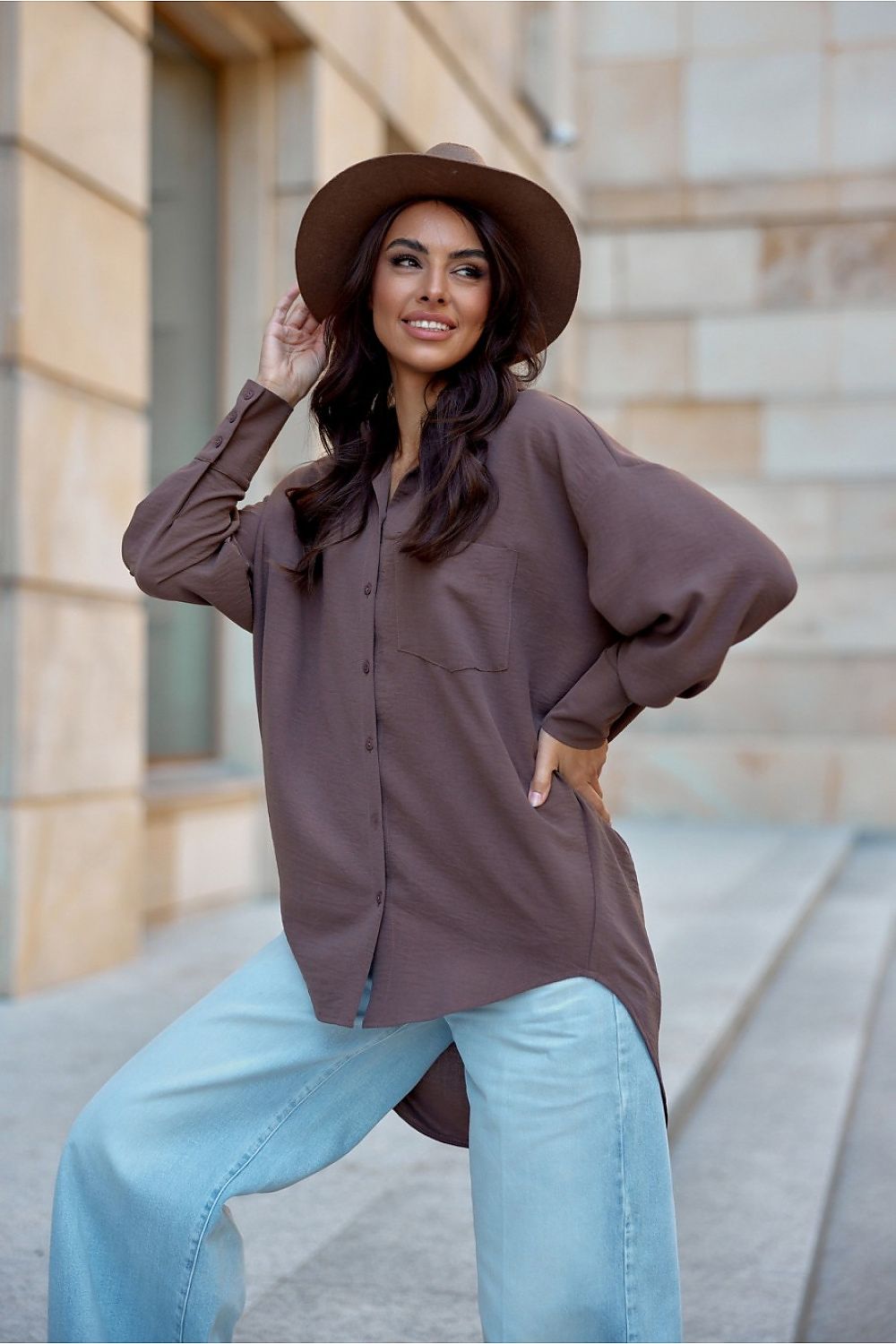 Discover comfort and elegance with our asymmetrical oversize cut women's shirt Long sleeve shirt