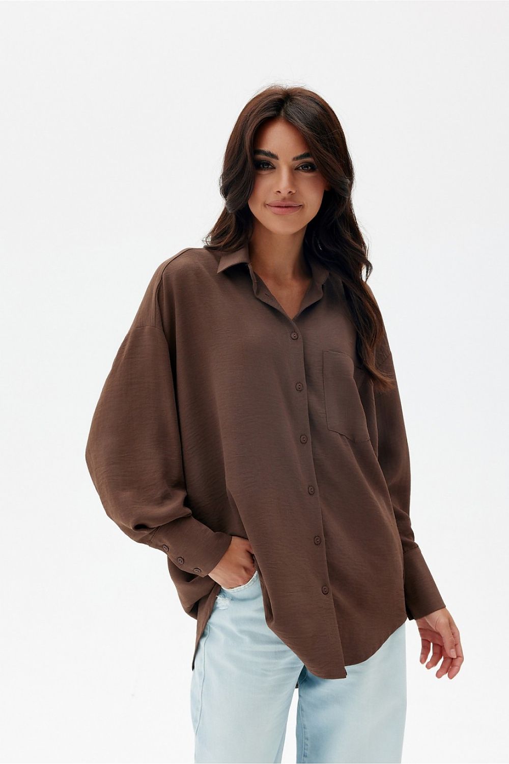 Discover comfort and elegance with our asymmetrical oversize cut women's shirt Long sleeve shirt