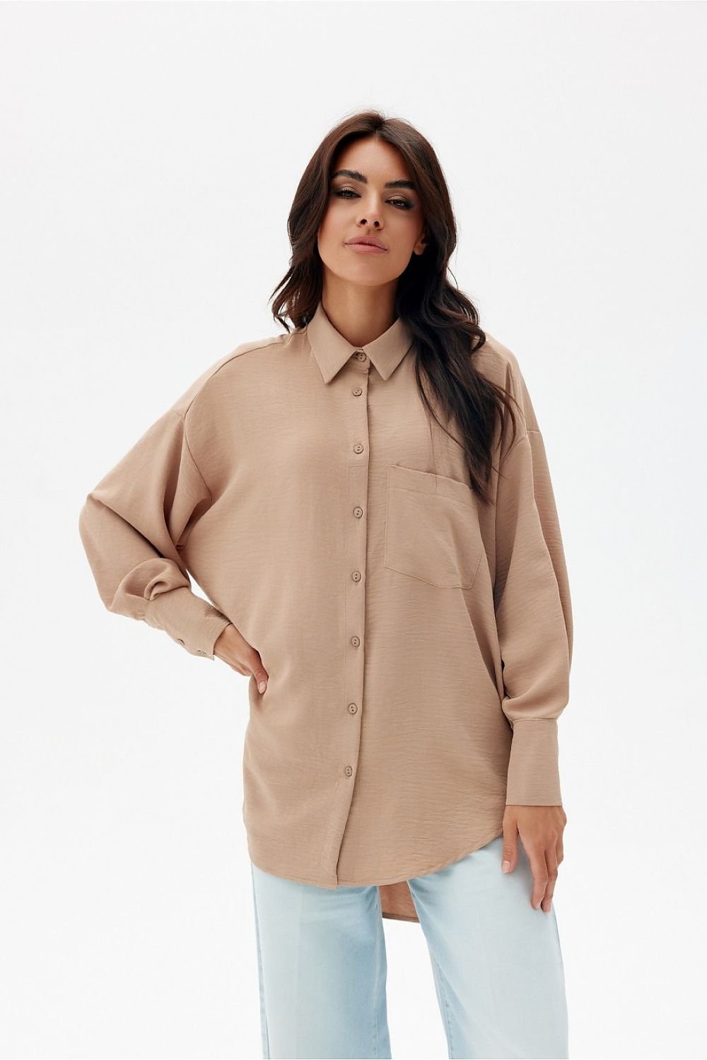 Discover comfort and elegance with our asymmetrical oversize cut women's shirt Long sleeve shirt