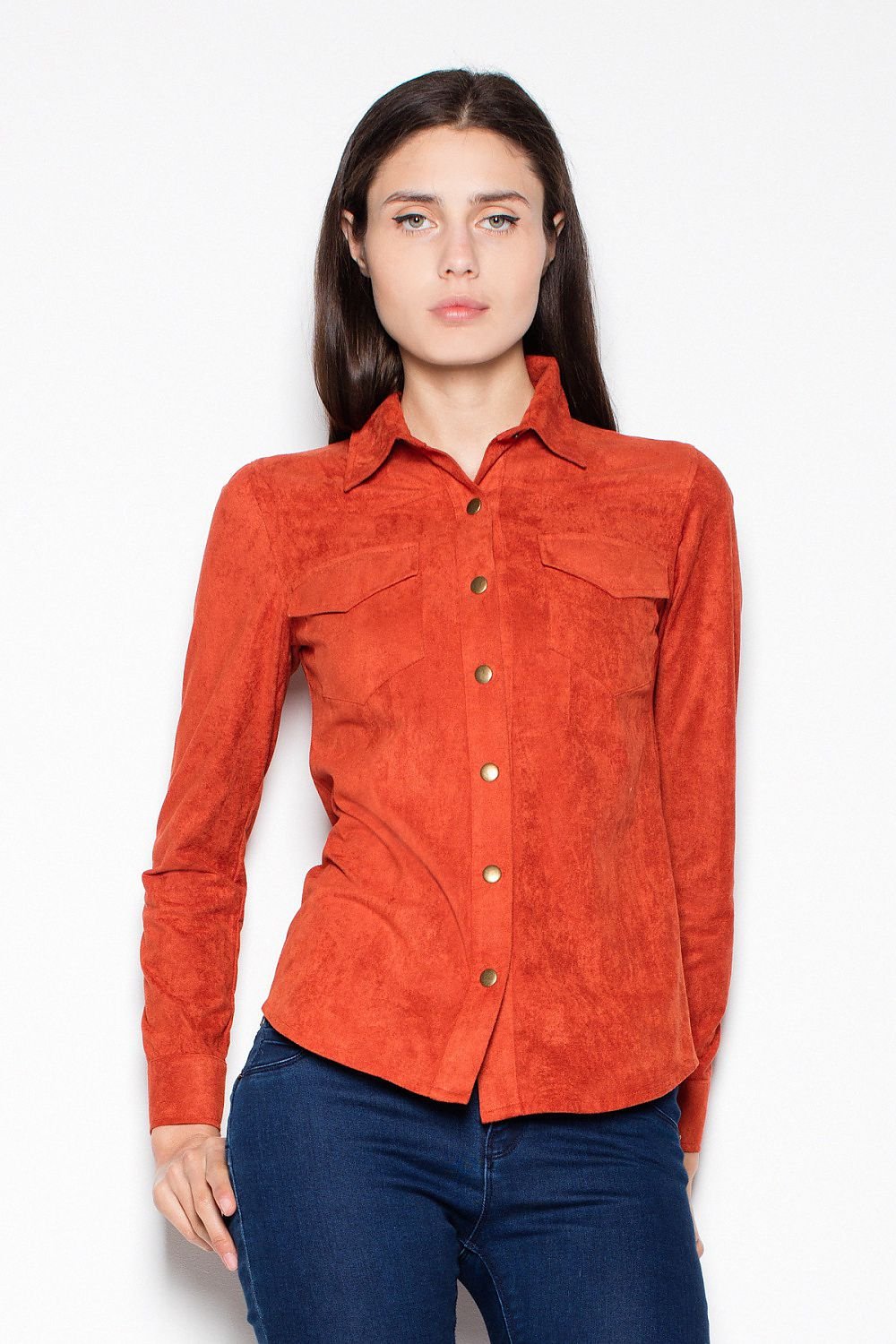 Women long sleeve suede shirt with metal buttons