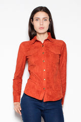 Women long sleeve suede shirt with metal buttons