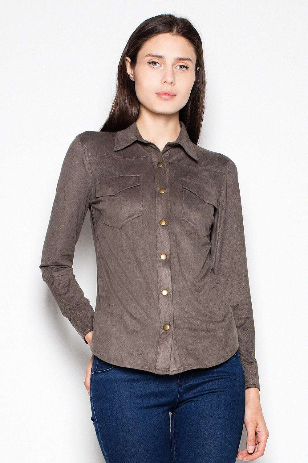 Women long sleeve suede shirt with metal buttons