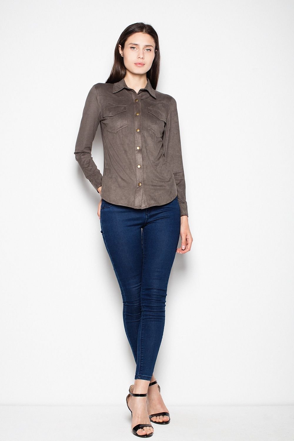 Women long sleeve suede shirt with metal buttons