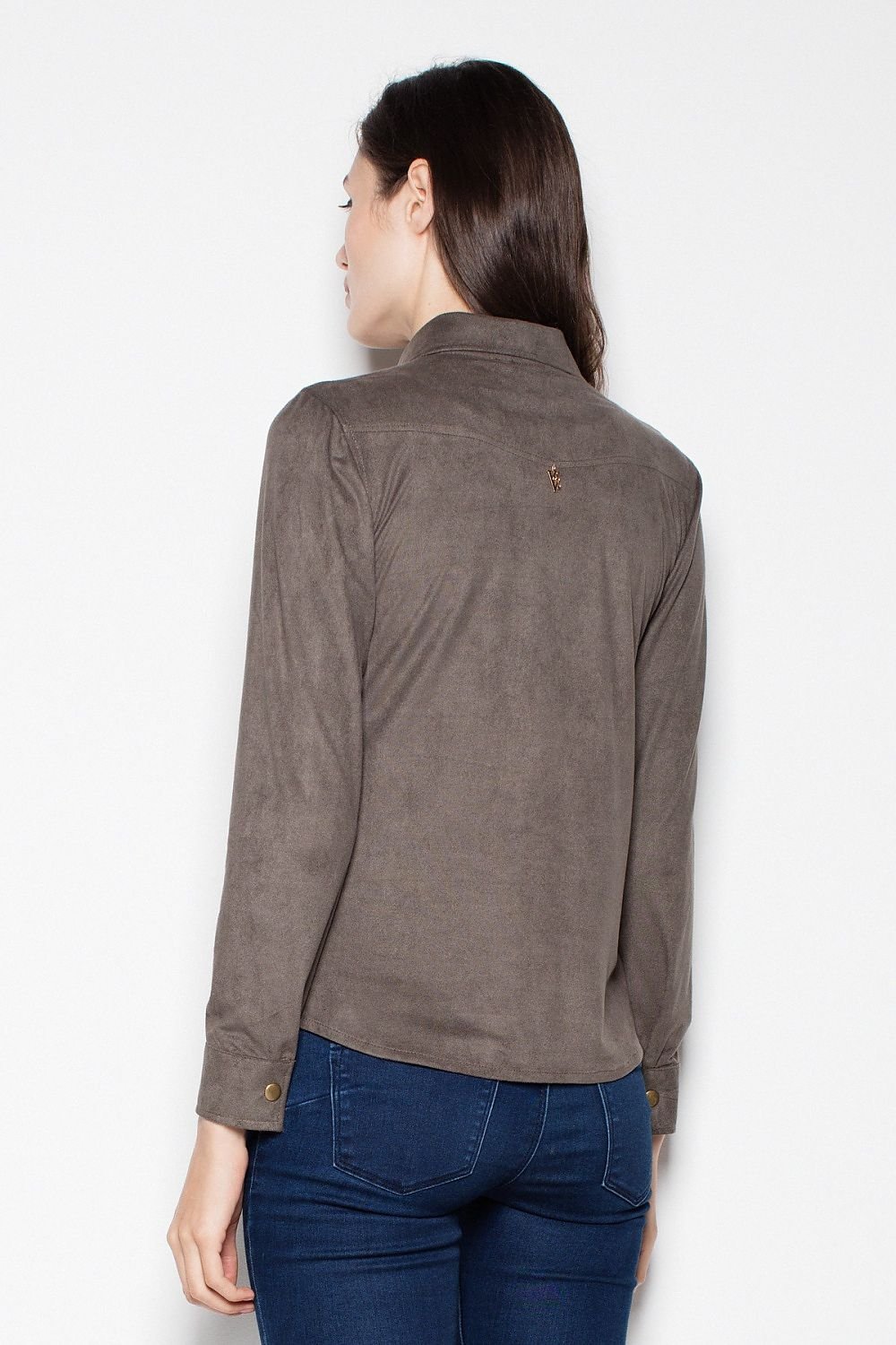 Women long sleeve suede shirt with metal buttons