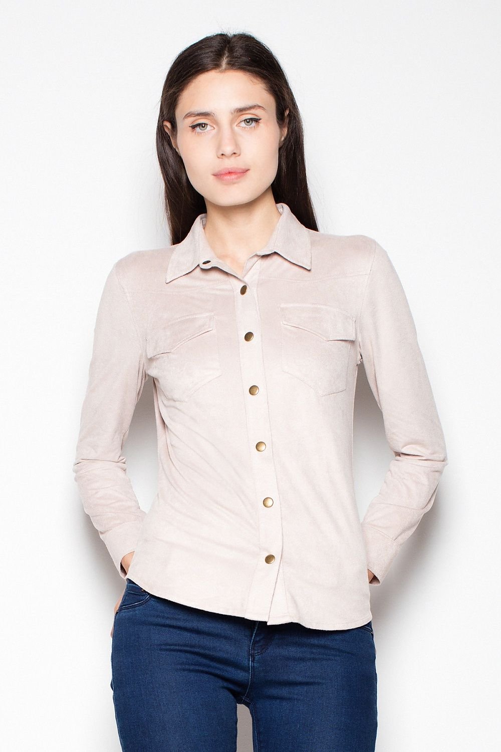 Women long sleeve suede shirt with metal buttons