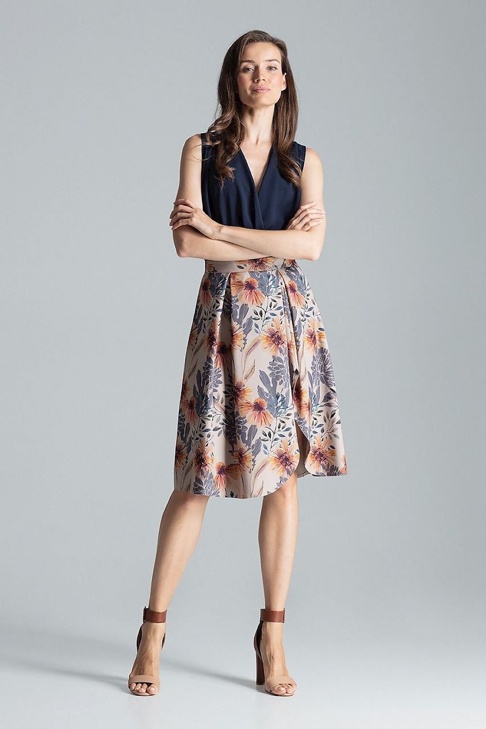 Contrast pleated midi skirt, without pockets