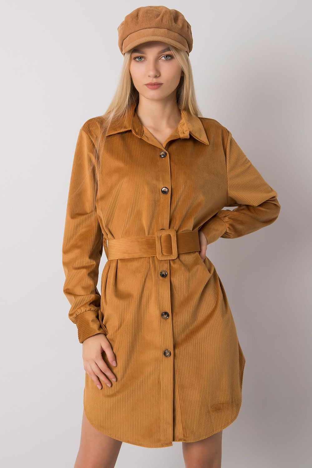 Women camel button-down dress with long sleeves. Daydress