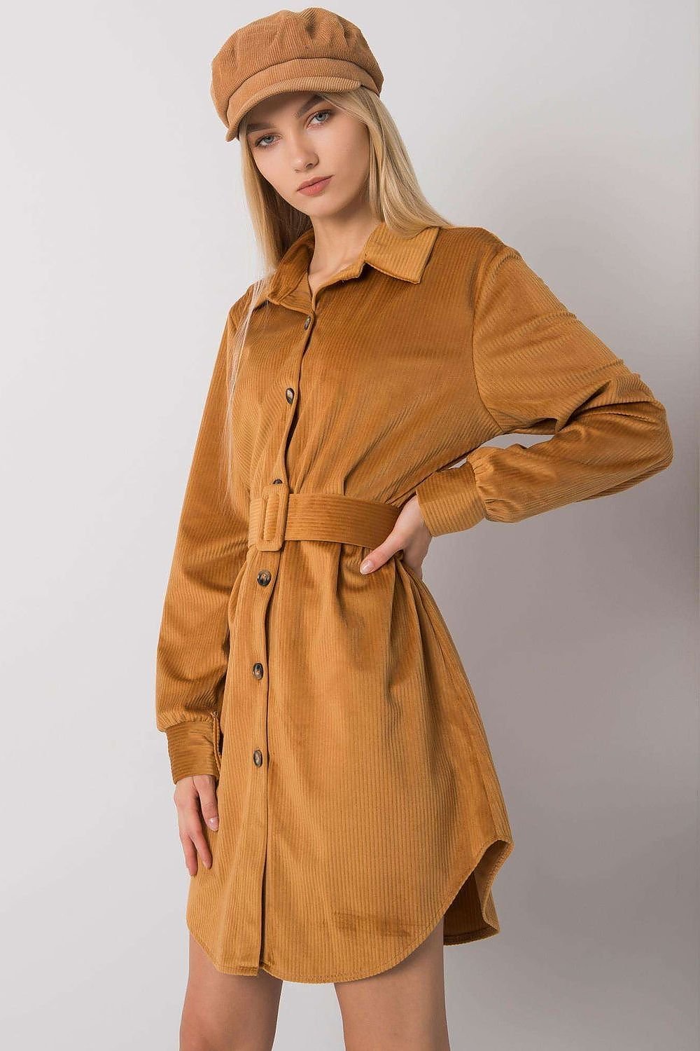 Women camel button-down dress with long sleeves. Daydress