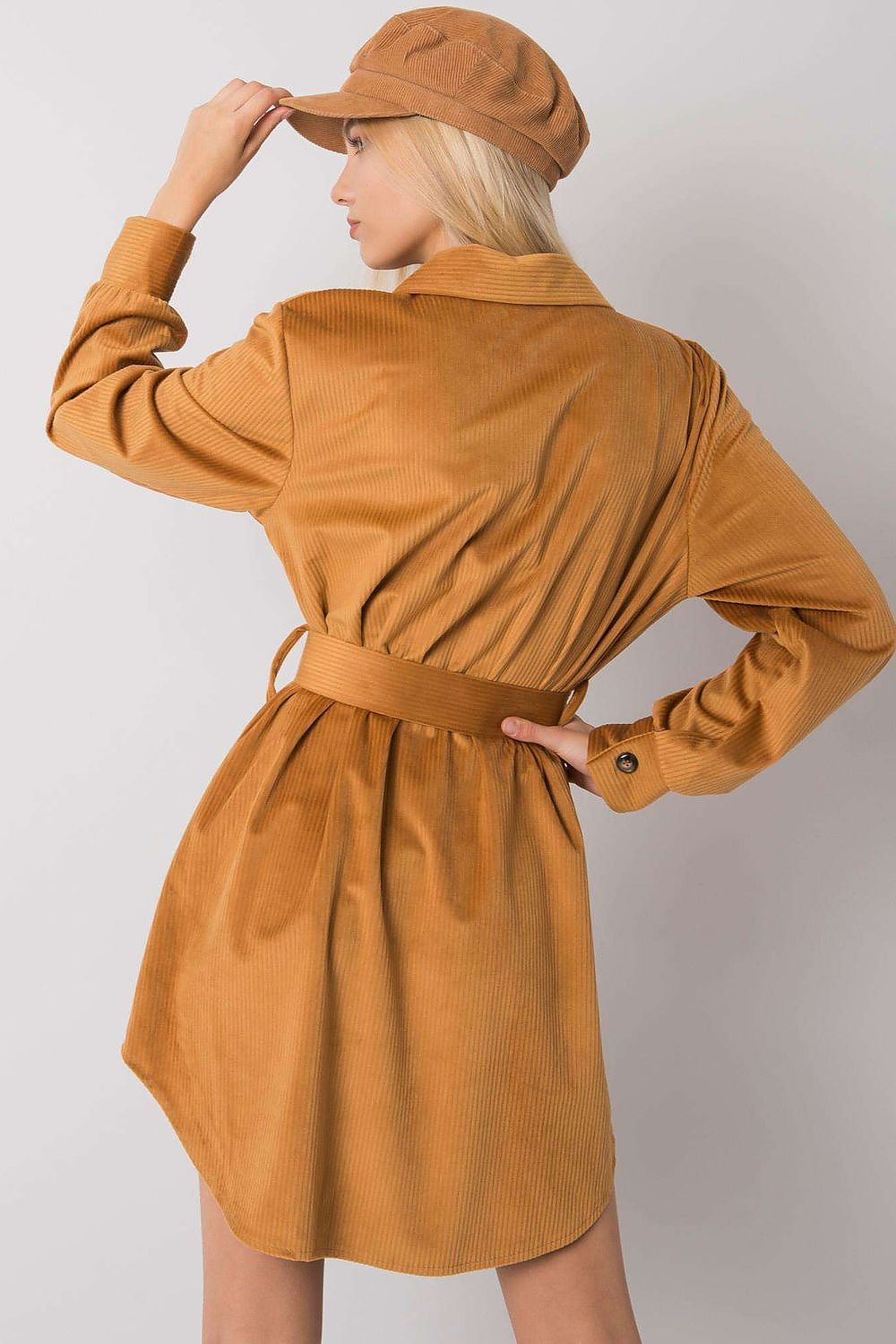 Women camel button-down dress with long sleeves. Daydress