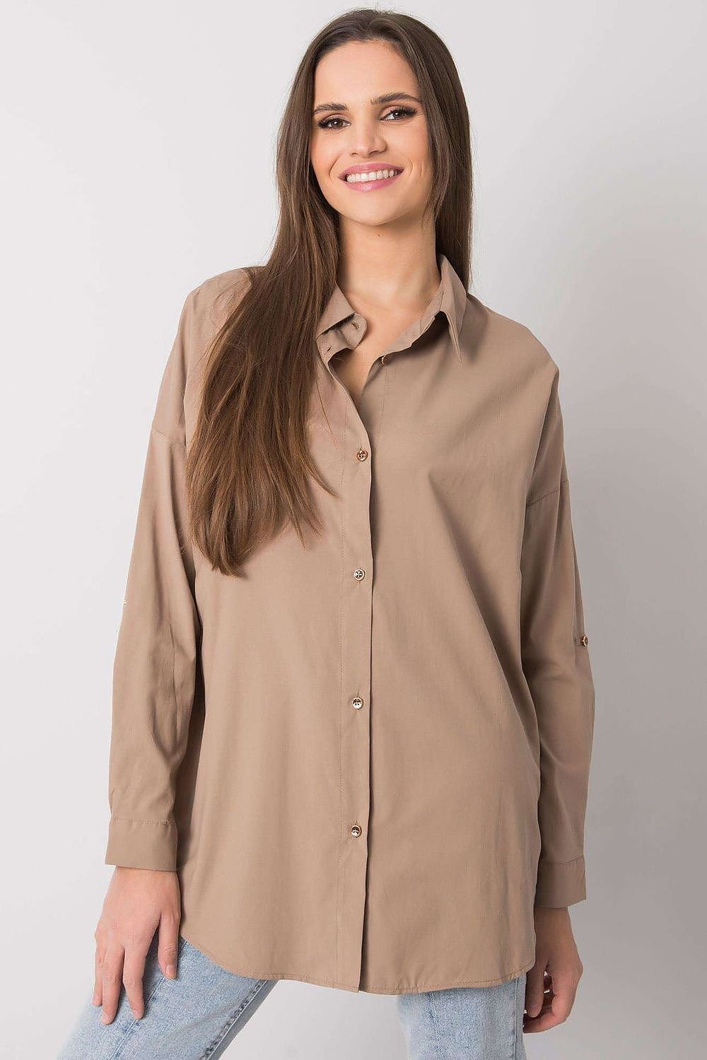 Women fashion long sleeve shirt with a casual cut, button down closure